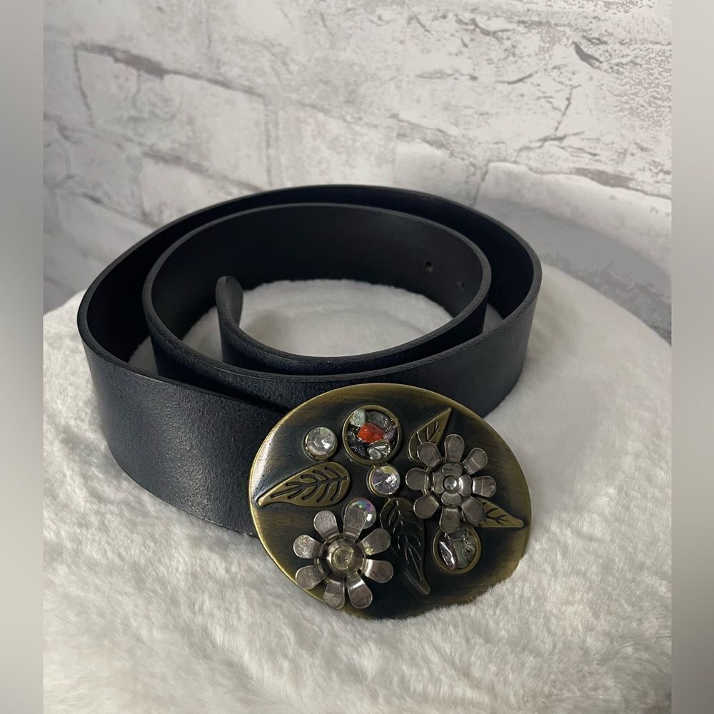 Vintage Sereno Italian Black Leather Belt with Colored Stones Boho Flowered